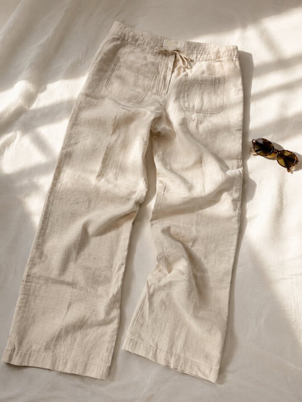 Michael Kors Linen Wide Leg Drawstring Trousers Natural Beige Size 6